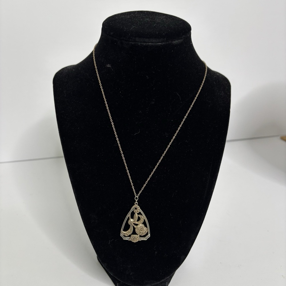 Vintage 1928 Gold And Silver Tone Art Deco Charm Pendant Necklace